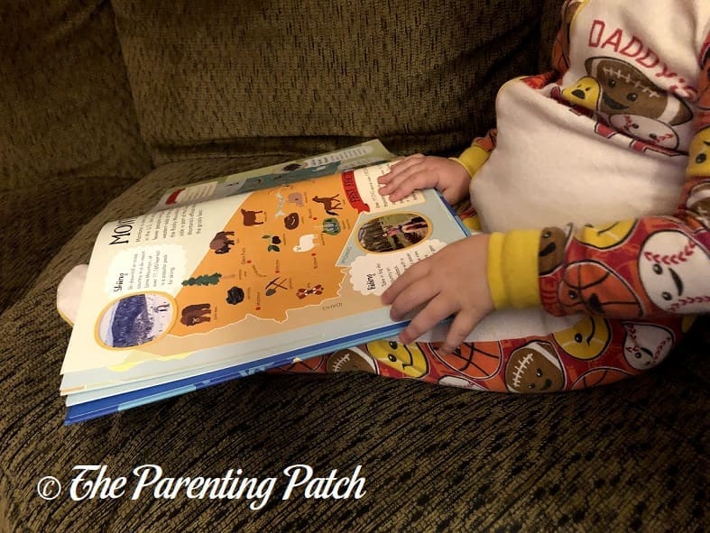 Toddler Reading 'My First Atlas of the 50 States'