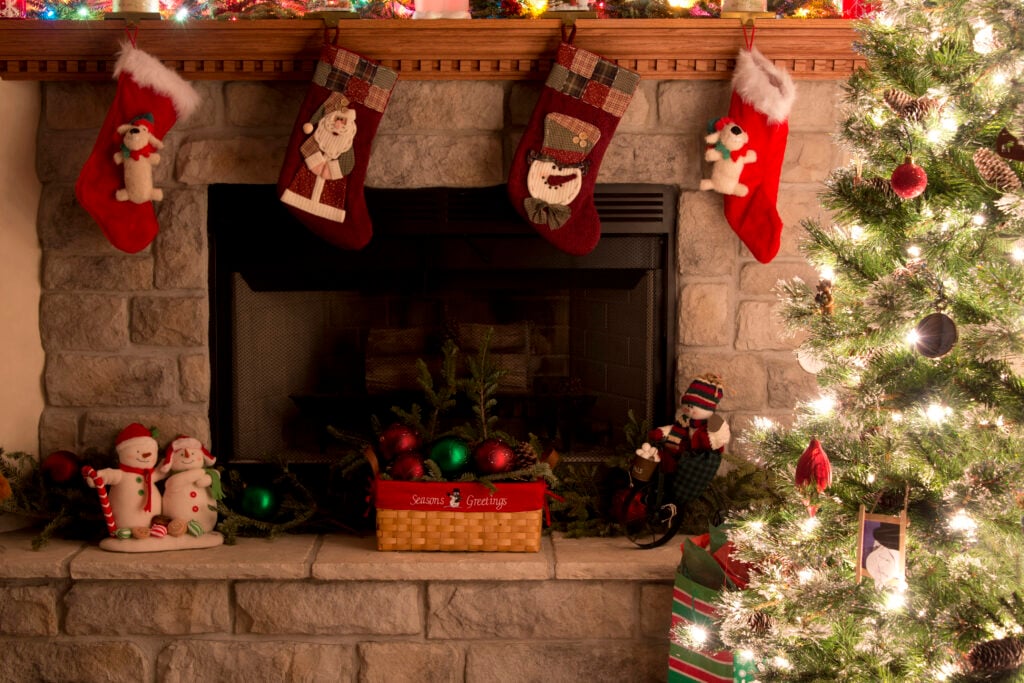 Christmas Tree And Fireplace With Christmas Stockings