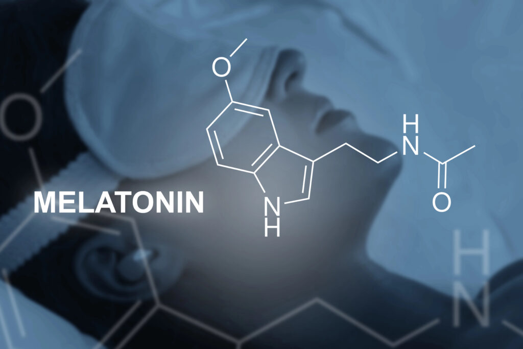 Melatonin skeletal formula and sleeping woman during the night