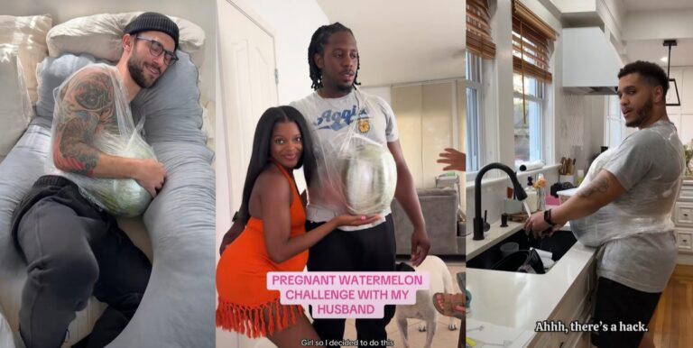 Women strap watermelons to their husbands' bellies to show them how pregnancy feels.